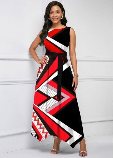 Geometric Print Asymmetric Hem Belted Maxi Dress - L