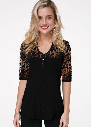 Modlily Lace Panel V Neck Half Sleeve T Shirt - XS