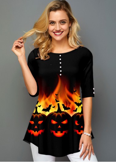 Modlily Halloween Print Round Neck Half Sleeve T Shirt - XS