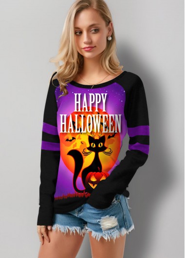 Modlily Halloween Print Round Neck Long Sleeve T Shirt - XL