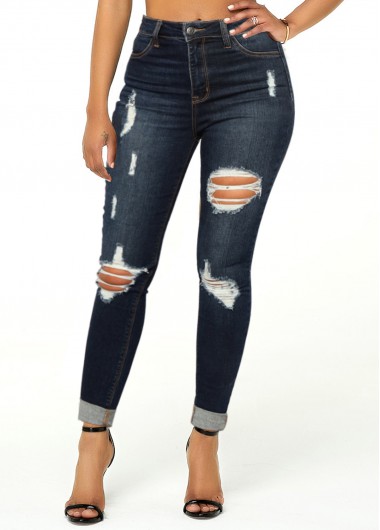 Modlily Shredded Roll Hem Pocket Mid Waist Jeans - S