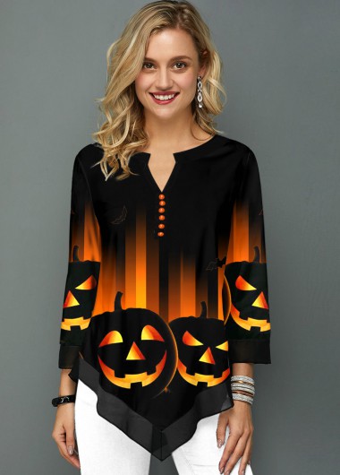 Modlily Halloween Print Asymmetric Hem Split Neck Blouse - XS