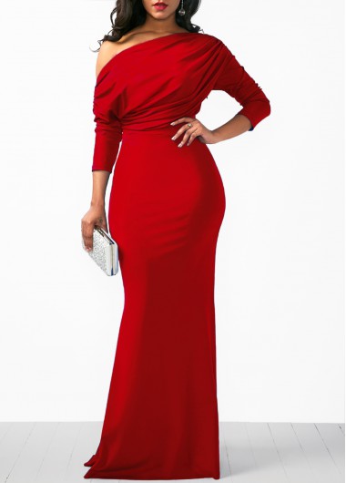 Modlily Party Dress Cocktail Dress Christmas Dress Rose Red Skew Neck Three Quarter Sleeve Maxi Dress - XL