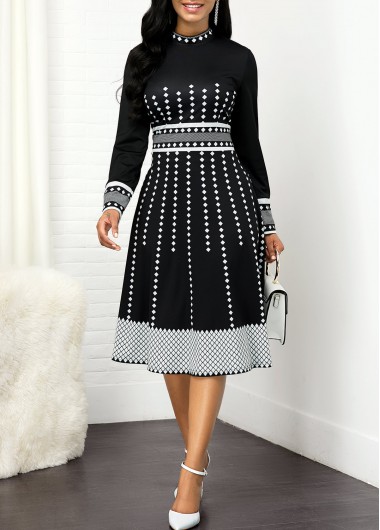 Geometric Print Round Neck Long Sleeve Dress - L