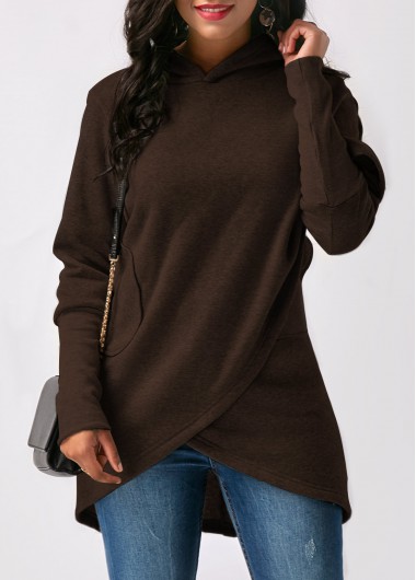Modlily Asymmetric Hem Pocket Long Sleeve Hoodie - S
