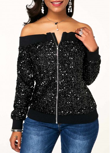 Modlily Zipper Closure Off Shoulder Sequin Jacket - XS