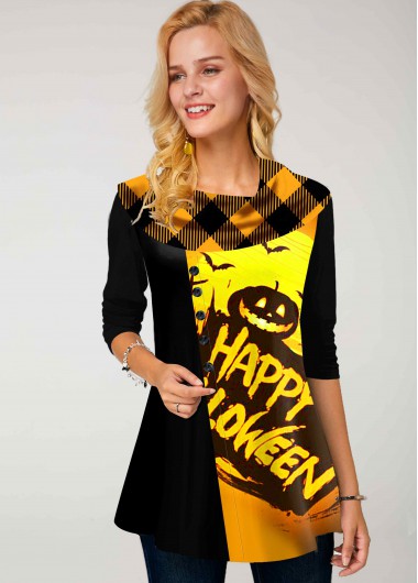 Modlily Halloween Plaid Print Long Sleeve Tunic Top - M