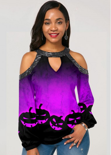 Modlily Halloween Print Cold Shoulder Keyhole Neckline T Shirt - XS