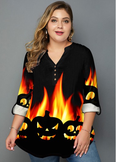 Modlily Plus Size Halloween Print Split Neck Blouse - 3X