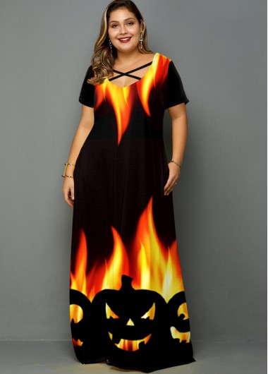 Plus Size Halloween Print Side Pocket Dress - 1X