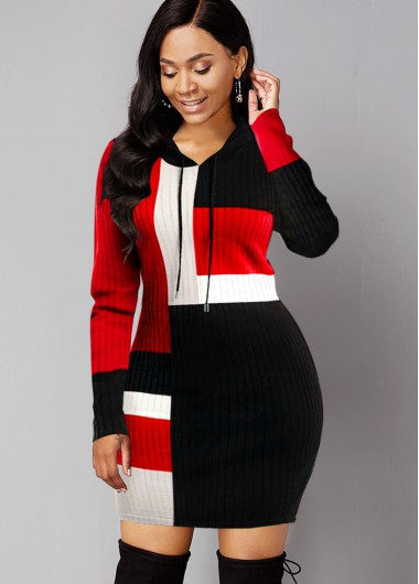 Contrast Long Sleeve Hooded Collar Sweater Dress - L