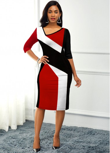 Modlily Color Block Back Slit Asymmetric Neck Dress - S