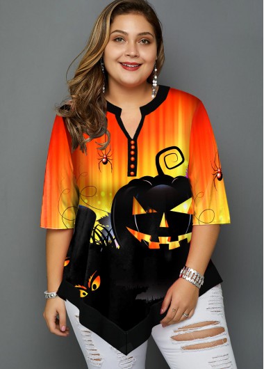 Modlily Plus Size Halloween Print Asymmetric Hem Blouse - 2X