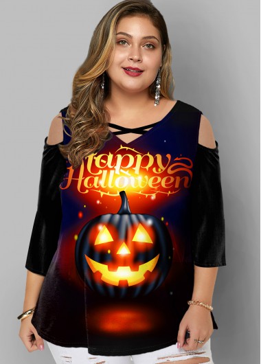 Modlily Plus Size Halloween Print Cold Shoulder T Shirt - 2X
