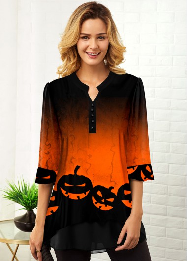 Modlily Halloween Print Split Neck Three Quarter Sleeve Ombre Blouse - M