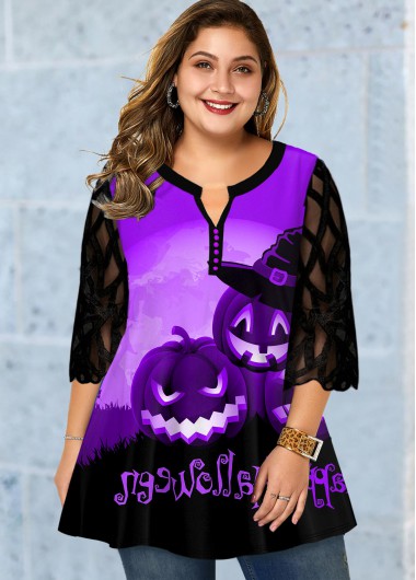 Modlily Plus Size Mesh Panel Halloween Print Blouse - 2X