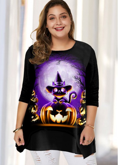 Modlily Plus Size Halloween Print Long Sleeve T Shirt - 1X