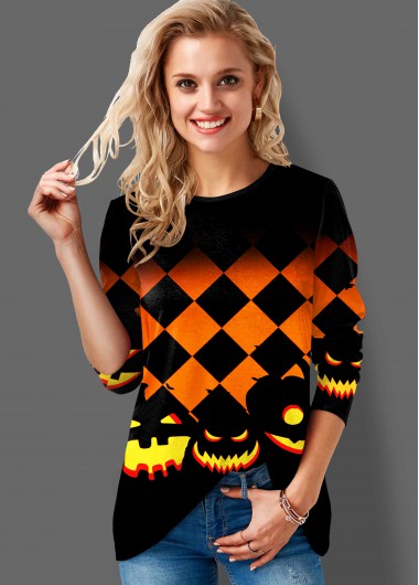 Modlily Halloween Print Round Neck Long Sleeve Tunic Top - S