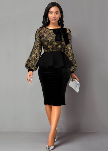 Lace Panel Sequin Peplum Waist Bowknot Dress - L