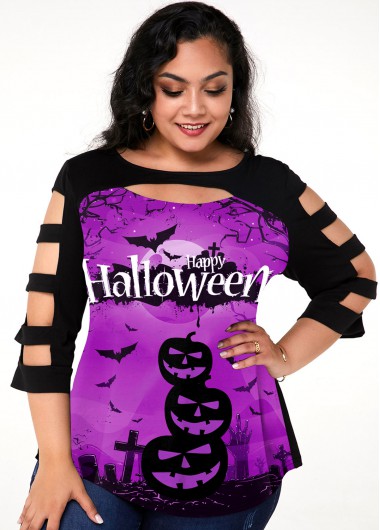 Modlily Plus Size Halloween Print Ladder Cutout T Shirt - 1X