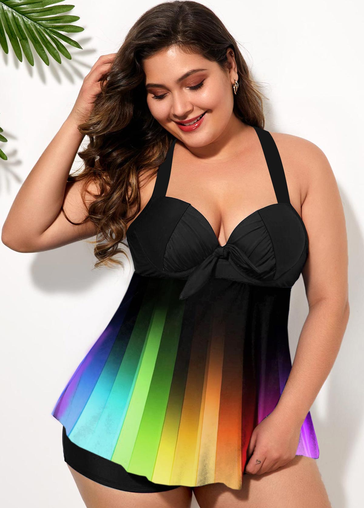 Rainbow Color Cross Strap Plus Size Swimdress and Shorts