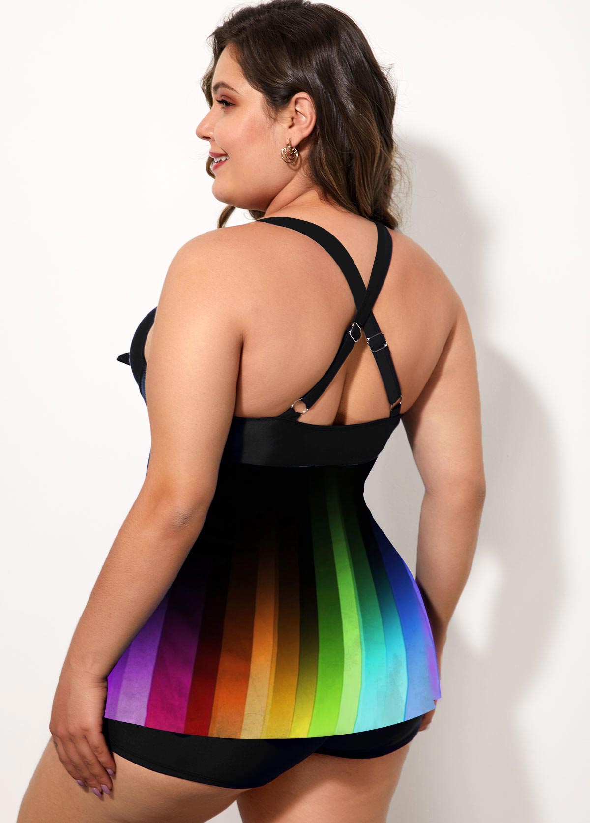 Rainbow Color Cross Strap Plus Size Swimdress and Shorts