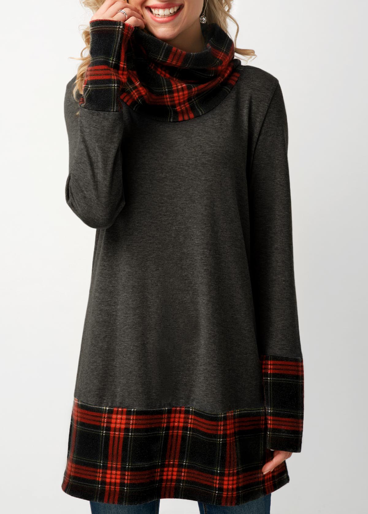 Plaid Print Cowl Neck Long Sleeve Sweatshirt