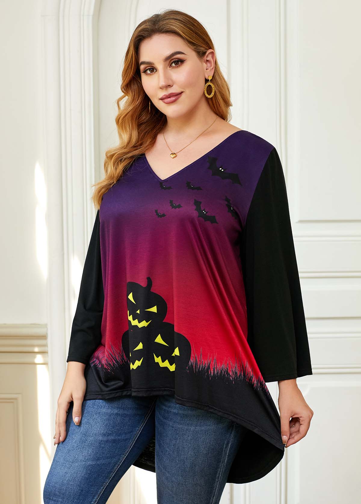 Plus Size Halloween Print Dip Hem T Shirt