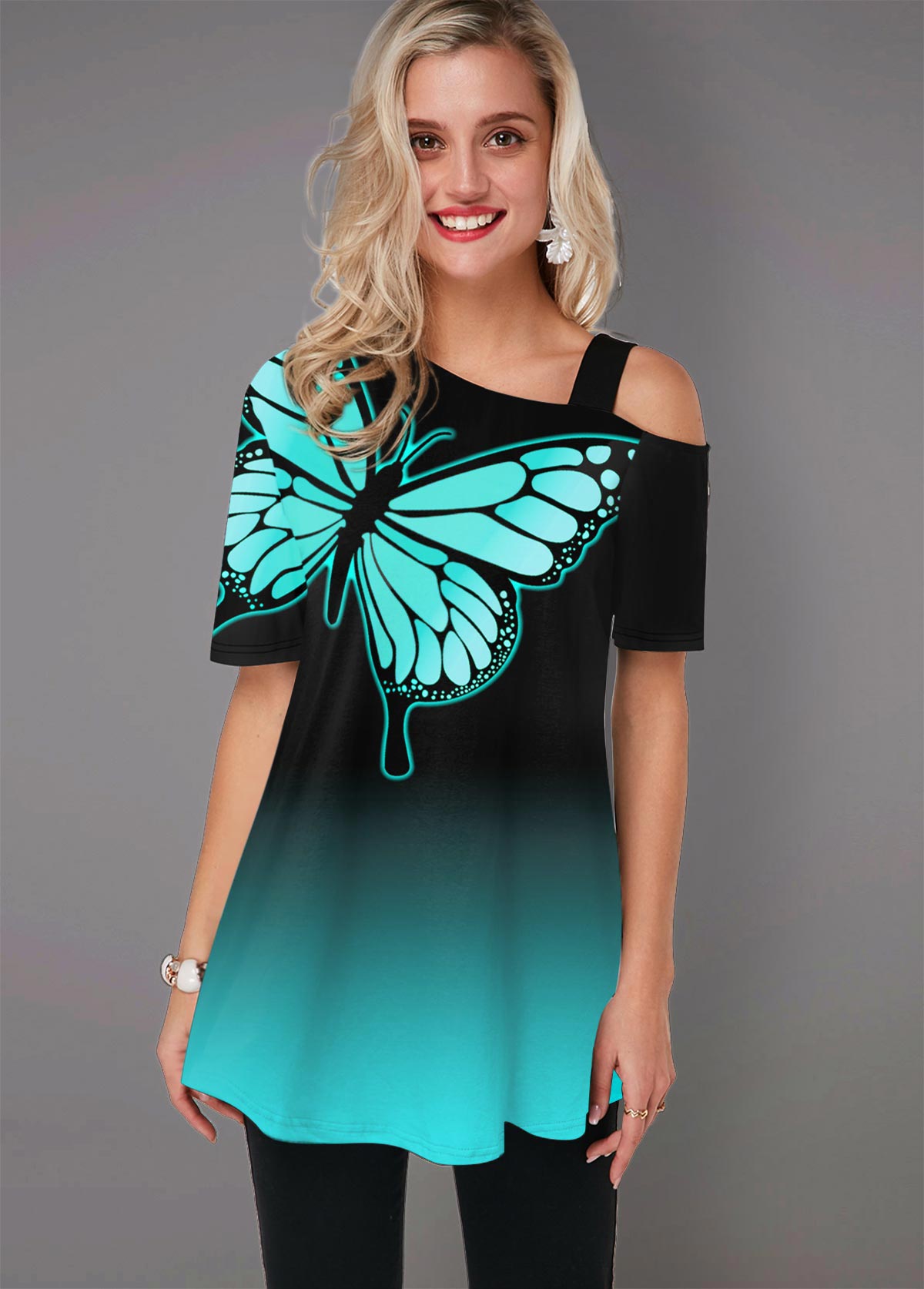Butterfly Print Cold Shoulder Ombre T Shirt