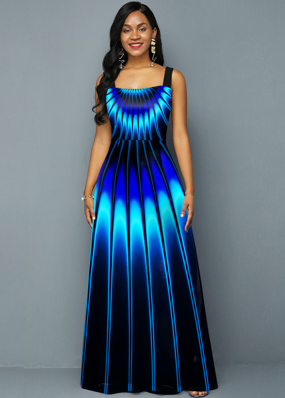 Printed Spaghetti Strap Blue Maxi Dress