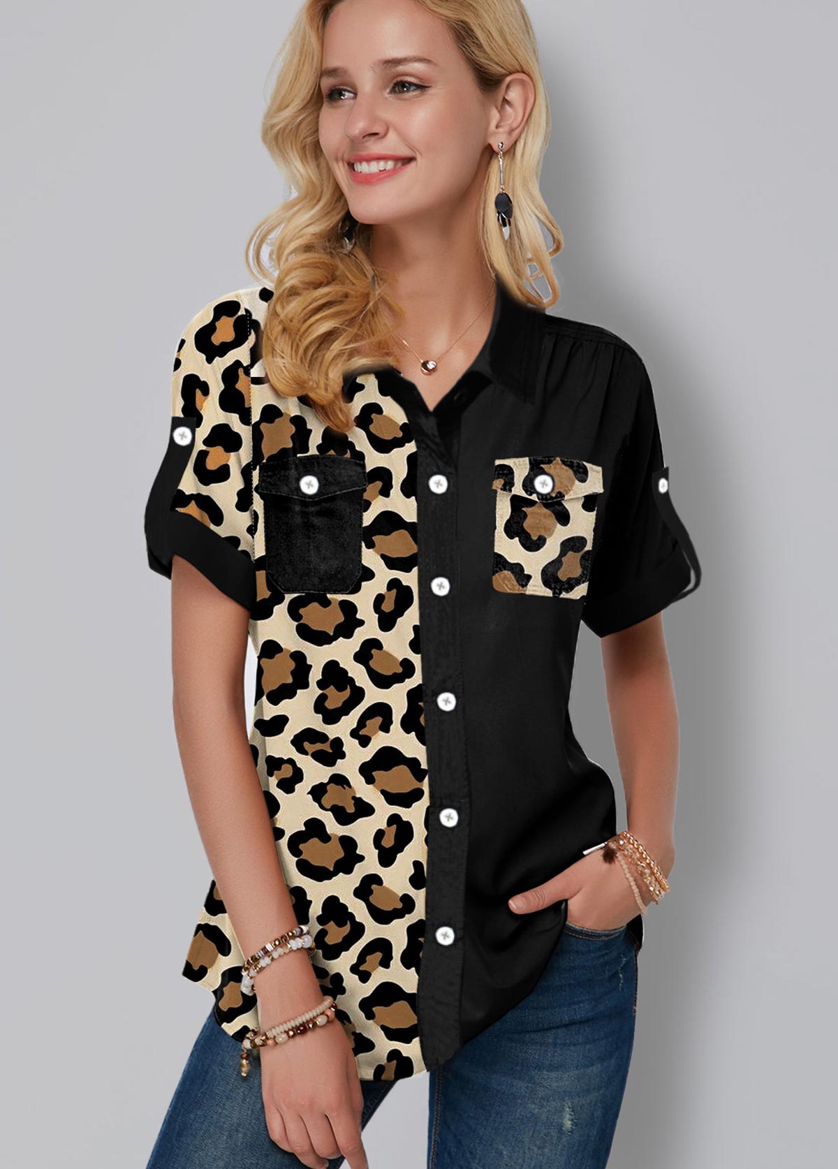 Leopard Print Button Up Chest Pocket Blouse