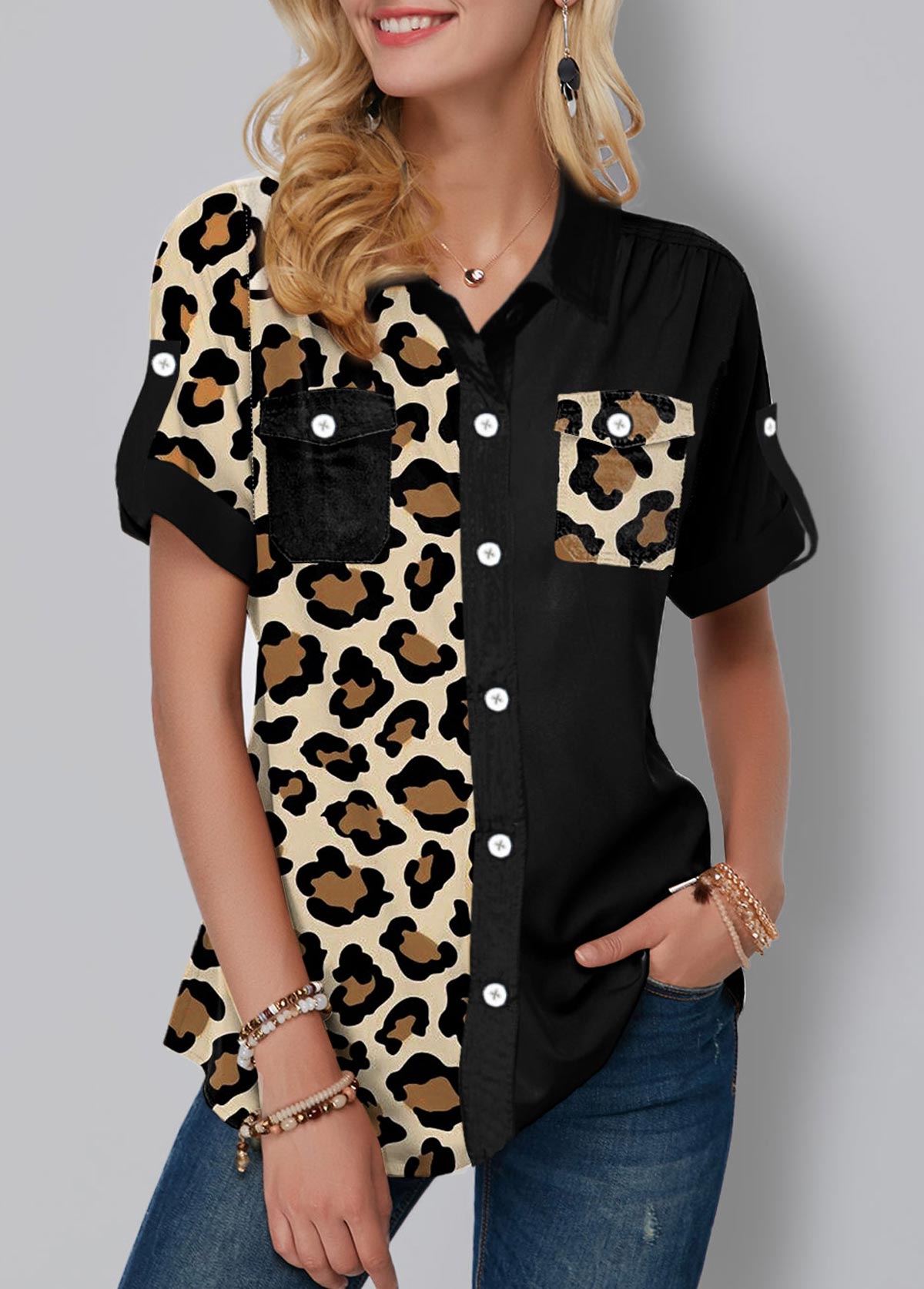 Leopard Print Button Up Chest Pocket Blouse