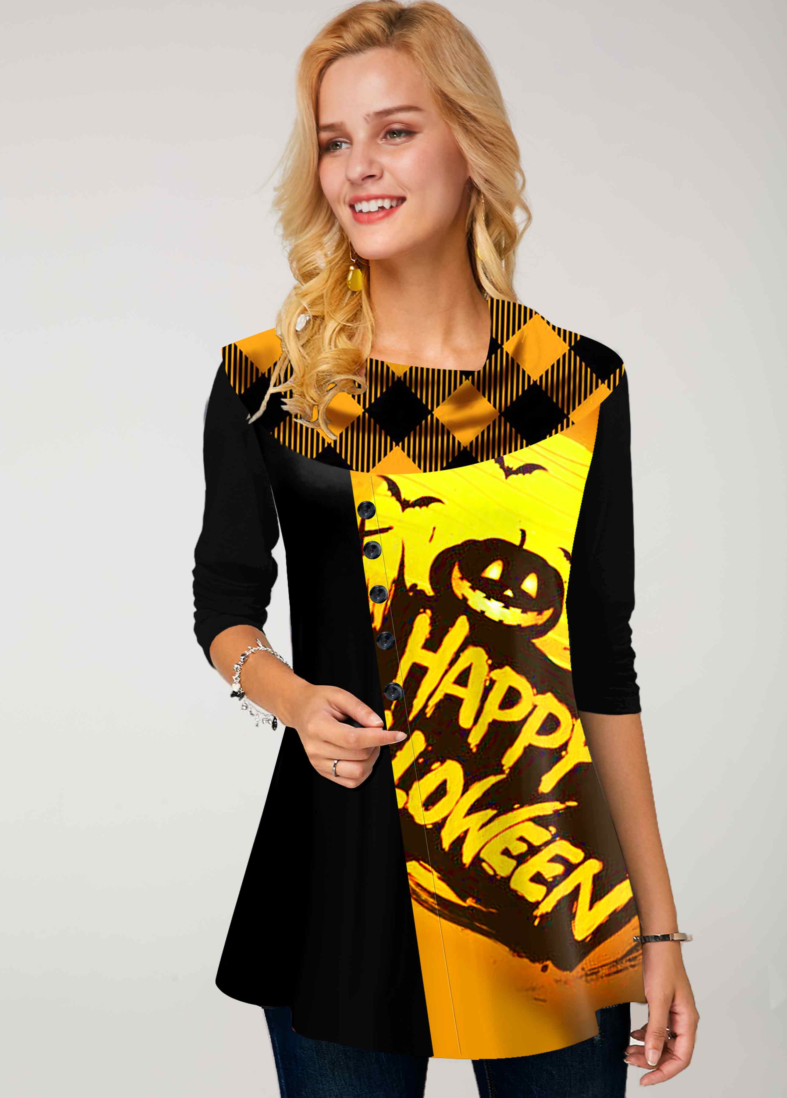 Yellow Decorative Button Halloween Print Long Sleeve Sweatshirt