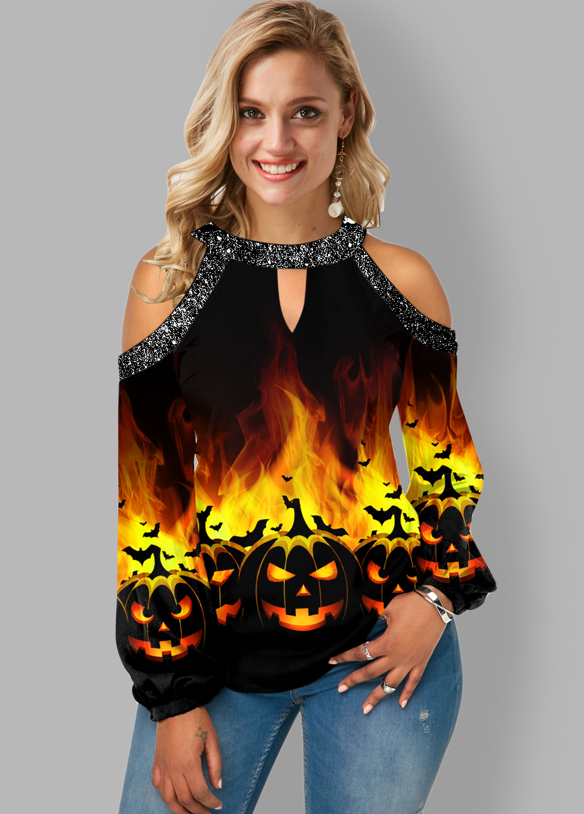 Cold Shoulder Halloween Print Keyhole Neckline T Shirt