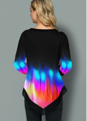 Black Patchwork Ombre 3/4 Sleeve Split Neck Blouse | thumb picture 