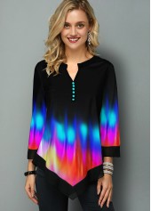 Black Patchwork Ombre 3/4 Sleeve Split Neck Blouse