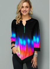 Black Patchwork Ombre 3/4 Sleeve Split Neck Blouse | thumb picture 