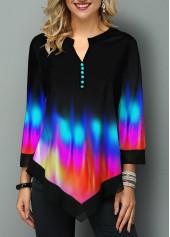 Black Patchwork Ombre 3/4 Sleeve Split Neck Blouse | thumb picture 