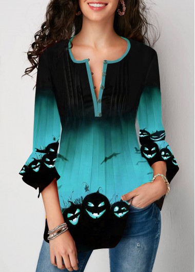 Modlily Flare Sleeve Button Front Halloween Print Blouse - XXL