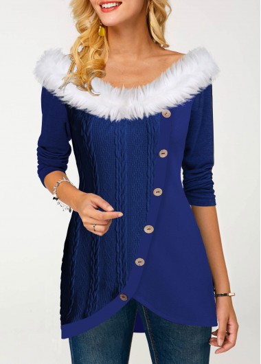 Modlily Fur Collar Inclined Button Tulip Hem T Shirt - L