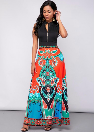 Tribal Print Quarter Zip Sleeveless Maxi Dress - L