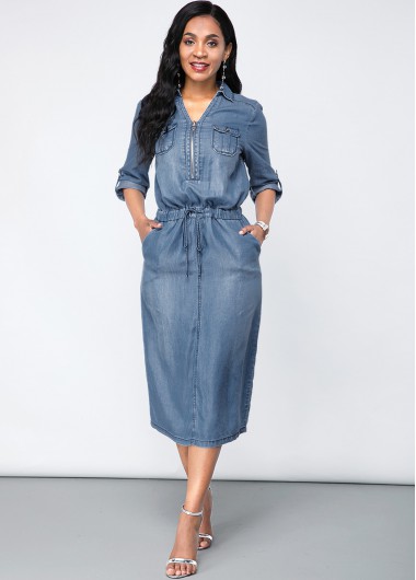 Turndown Collar Chest Pocket Denim Dress - L