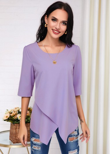 Modlily Asymmetric Hem Keyhole Back Half Sleeve Blouse - XS