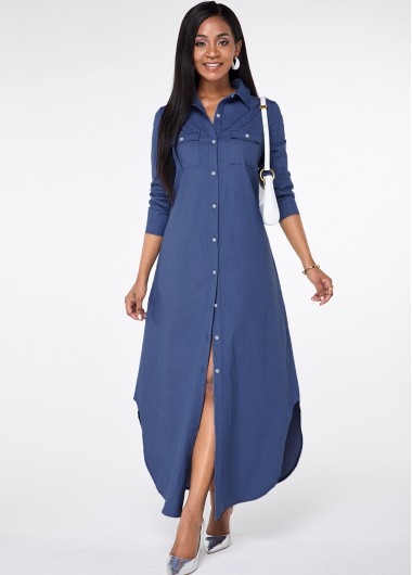 Modlily Button Up Asymmetric Hem Pocket Maxi Dress - M
