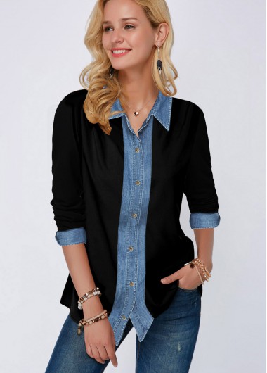 Modlily Button Up Denim Panel Turndown Collar Shirt - M