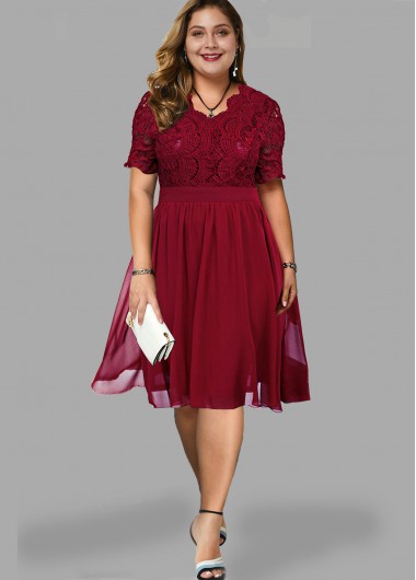 Plus Size Lace Panel Short Sleeve Dress - 1X
