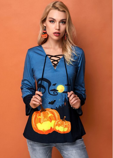Modlily Halloween Crazy Pumpkin Lace Up Long Sleeve T Shirt - L