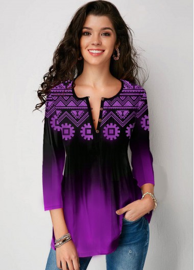 Modlily Tribal Print Ombre Three Quarter Sleeve Blouse - XL