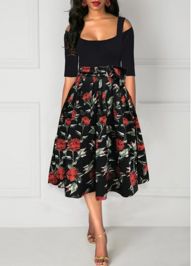 Cold Shoulder Rose Print A Line Belted Dress - L