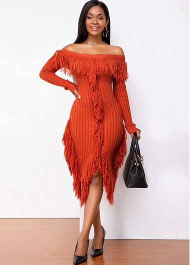 Tassel Detail Off the Shoulder Long Sleeve Sweater Dress - L